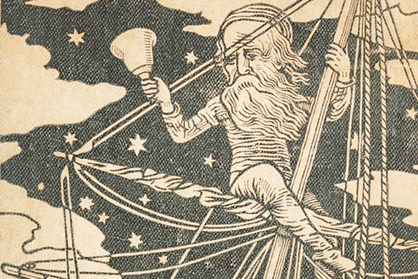 Part of the cover of the first edition of 'The Hunting of the Snark'. It shows a bearded fellow sitting halfway up a mast ringing a bell. It's a bit windy.