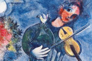 The blue violinist by Marc Chagall showing aviolinist dressed in blue:green on a blue background. His cheeks are red and he has a white bird on his shoulder.