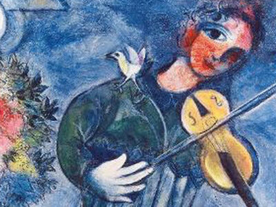 The blue violinist by Marc Chagall showing aviolinist dressed in blue:green on a blue background. His cheeks are red and he has a white bird on his shoulder.