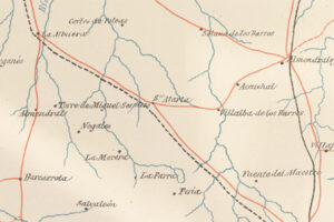 Close up of a parchment coloured map showing Spanish place names written in italic script.