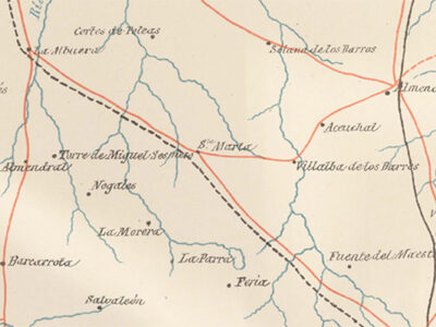 Close up of a parchment coloured map showing Spanish place names written in italic script.