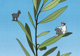 Watercolour-style illustration showing an olive branch with a goat standing on a leaf on the left and a man sitting on a leaf to the right.
