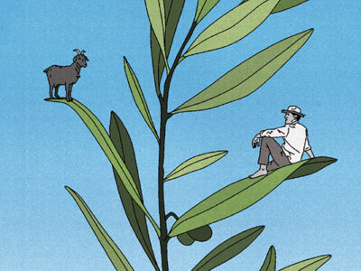 Watercolour-style illustration showing an olive branch with a goat standing on a leaf on the left and a man sitting on a leaf to the right.