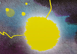 A painting on canvas showing a large yellow blob and some smaller blobs (also yellow) on a purple-blue background.