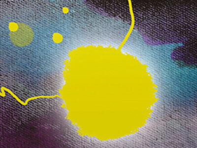 A painting on canvas showing a large yellow blob and some smaller blobs (also yellow) on a purple-blue background.