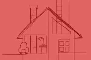 Dark red line drawing on light red paper. It shows a small house. A ladder protrudes from an upstairs window and heads upwards.