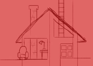 Dark red line drawing on light red paper. It shows a small house. A ladder protrudes from an upstairs window and heads upwards.