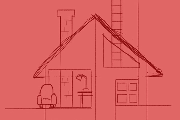 Dark red line drawing on light red paper. It shows a small house. A ladder protrudes from an upstairs window and heads upwards.