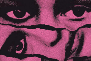A book cover showing what looks like two purple tinted, torn paper images of a woman's face . One shows two eyes and a bit of nose, the other shows one eye , half a nose and a mouth.
