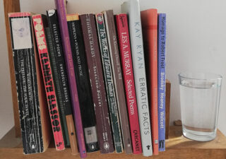 Bookshelf photograph showing various titles and...inexplicably a glass of water. Water? Absinthe maybe...but water?