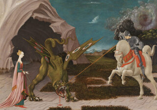 Saint George and the Dragon, a painting by Paolo Uccello. . It shows a scene from the famous story of Saint George and the Dragon. On the right, George is spearing the beast, and on the left, the princess is using her belt as a leash to take the dragon up to the town. The eye in the storm gathering on the right of Saint George is lined up with his spear showing there has been divine intervention. The painting is commonly interpreted as an illustration of the legend of St. George as recounted in the Golden Legend. However, Stanford professor Emanuele Lugli has suggested an alternative reading: that the work functions as propaganda, encouraging Florentine elites to adopt agriculture. In medieval symbolism, the dragon was a symbol of pollution, and St. George's slaying of the creature can be seen as a metaphorical reclamation of the land, leading to a pure water source located in a cave.