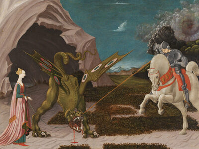 Saint George and the Dragon, a painting by Paolo Uccello. . It shows a scene from the famous story of Saint George and the Dragon. On the right, George is spearing the beast, and on the left, the princess is using her belt as a leash to take the dragon up to the town. The eye in the storm gathering on the right of Saint George is lined up with his spear showing there has been divine intervention. The painting is commonly interpreted as an illustration of the legend of St. George as recounted in the Golden Legend. However, Stanford professor Emanuele Lugli has suggested an alternative reading: that the work functions as propaganda, encouraging Florentine elites to adopt agriculture. In medieval symbolism, the dragon was a symbol of pollution, and St. George's slaying of the creature can be seen as a metaphorical reclamation of the land, leading to a pure water source located in a cave.