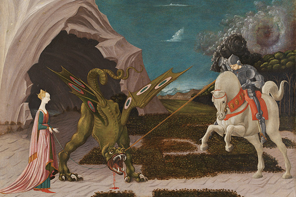 Saint George and the Dragon, a painting by Paolo Uccello. . It shows a scene from the famous story of Saint George and the Dragon. On the right, George is spearing the beast, and on the left, the princess is using her belt as a leash to take the dragon up to the town. The eye in the storm gathering on the right of Saint George is lined up with his spear showing there has been divine intervention. The painting is commonly interpreted as an illustration of the legend of St. George as recounted in the Golden Legend. However, Stanford professor Emanuele Lugli has suggested an alternative reading: that the work functions as propaganda, encouraging Florentine elites to adopt agriculture. In medieval symbolism, the dragon was a symbol of pollution, and St. George's slaying of the creature can be seen as a metaphorical reclamation of the land, leading to a pure water source located in a cave.