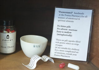 Image showing a medicine bottle and a prescription for Poemcetemol (see what they did there).