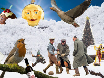 A collage showing a robin, some soldiers playing football, a Christmas tree, a goose, a running policeman, a pudding and curiously a copy of 'The Joy of Sex'