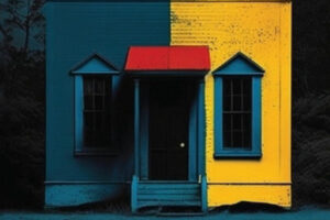 A photograph of a small house, painted half blue and half yellow. The porch is red.