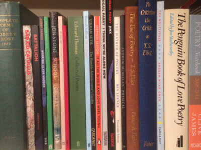 Photo of Nell's bookshelf. Predictably, there are poetry books.
