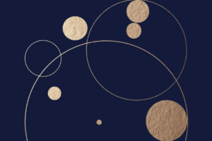 A blue background with some gold solid circles and some gold circle outlines. They look a little like planets.