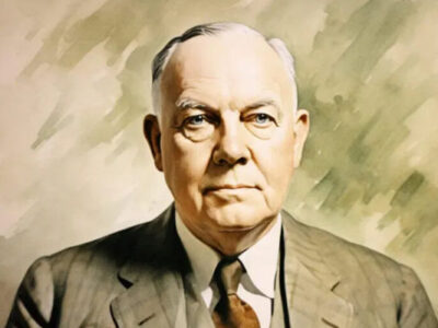 Painting of Wallace Stevens. He is wearing a tweed suit and looking stern.