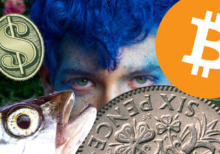 Composite image showing a dollar sign, a sixpenny piece, a bitcoin sign, a mackerel head and a figure with blue hair.