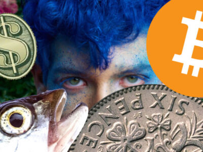 Composite image showing a dollar sign, a sixpenny piece, a bitcoin sign, a mackerel head and a figure with blue hair.