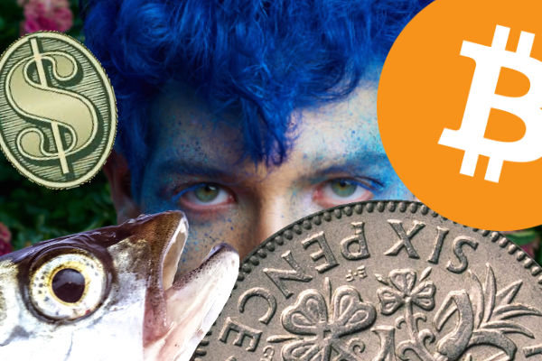 Composite image showing a dollar sign, a sixpenny piece, a bitcoin sign, a mackerel head and a figure with blue hair.
