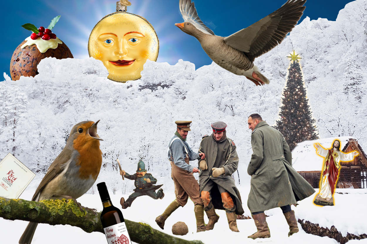 A collage showing a robin, some soldiers playing football, a Christmas tree, a goose, a running policeman, a pudding and curiously a copy of 'The Joy of Sex'