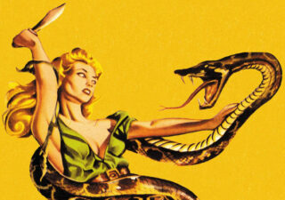 Illustration of a 1950's style woman getting ready to stab a python with a dagger. I know right! Pretty racey for poetry (It's even got a yellow background!). I'll take it over an abstract thought doodle though.