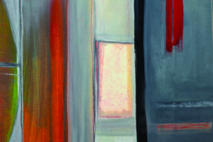 Part of a slightly abstract painting showing (I think) a mirror (or window), a blue door, and some red vertical lines that could be curtains ... or a draped scarf ... or something.