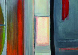 Part of a slightly abstract painting showing (I think) a mirror (or window), a blue door, and some red vertical lines that could be curtains ... or a draped scarf ... or something.