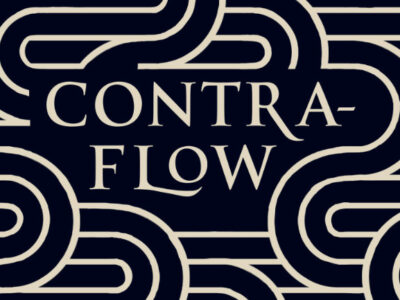 Curved off-white lines in a slightly art deco style, or maybe resembling pipes in Willy Wonka's chocolate factory surround the word Contra-flow in a block capital decorative font. All of this is on a dark brown background.
