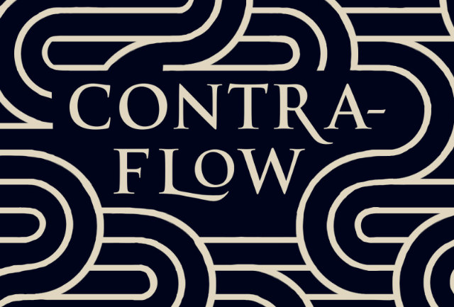 Curved off-white lines in a slightly art deco style, or maybe resembling pipes in Willy Wonka's chocolate factory surround the word Contra-flow in a block capital decorative font. All of this is on a dark brown background.