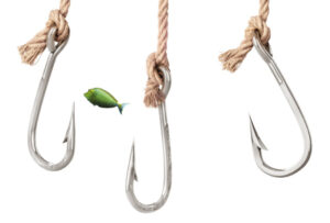 Three large fishhooks dangling on what looks like hemp rope, a small green (jade?) fish swims between them.