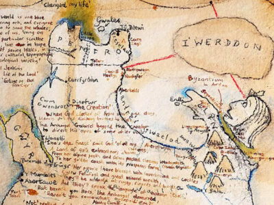 What looks like an old, hand-drawn parchment map. There are lots of words written – 'Iwerddon' and 'Byzantium' are two of them.