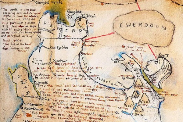 What looks like an old, hand-drawn parchment map. There are lots of words written – 'Iwerddon' and 'Byzantium' are two of them.