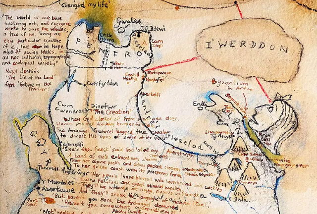 What looks like an old, hand-drawn parchment map. There are lots of words written – 'Iwerddon' and 'Byzantium' are two of them.