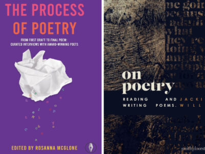 Two poetry book covers, one purple with a white crumpled paper image and one black/brown with textures of light brown and semi transparent words.