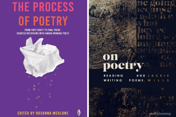 Two poetry book covers, one purple with a white crumpled paper image and one black/brown with textures of light brown and semi transparent words.