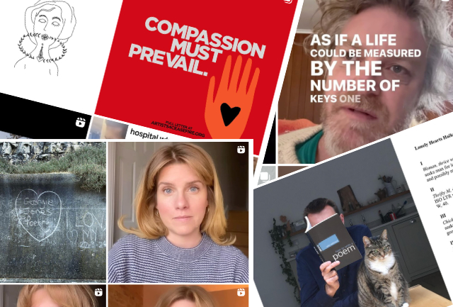 Collage made up of pictures from the instagram feed of the poets mentioned in the article. There are images of the poets looking direct to camera and also some words such as 'compassion must prevail'. Also a cat sitting on a table.