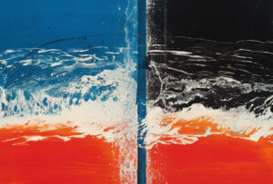 What looks like a painting in two panels. Both show an abstract wave breaking. On one side the sky is blue, on the other side it is black. The bottom of the 'sea' is red.