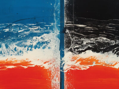 What looks like a painting in two panels. Both show an abstract wave breaking. On one side the sky is blue, on the other side it is black. The bottom of the 'sea' is red.