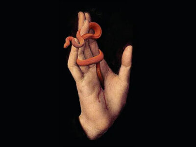 A black background with a painting of a vertical hand. A small red snake is entwined in the fingers and the tail seems to be piercing the palm.