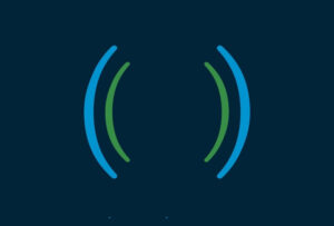 Dark navy blue background with semi-circular lines in green and blue. They look a bit like the lines you draw around a radio tower or loudspeaker, to indicate vibration or noise.