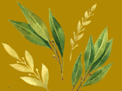 Painting of leaves on a gold background, There is bay, and possibly corn.