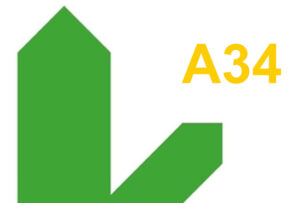 Two green arrows show road directions and the letters A34 are shown in yellow.