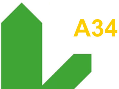 Two green arrows show road directions and the letters A34 are shown in yellow.