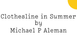 'Clothesline in Summer by Michael P Aleman' in black text on white with a tiny yellow Friday Poem quarter-blob like a shining sun in the top right hand corner.