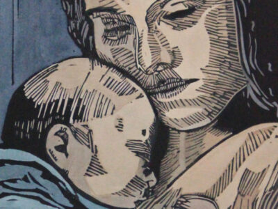 Woodcut showing a woman holding a baby.