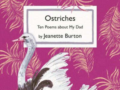 Purple cover with yellowish feathers drawn on. bit like wallpaper. There is an ostrich, and the book title.