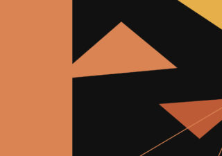 Black background with geometric shapes in orange, mostly triangles.